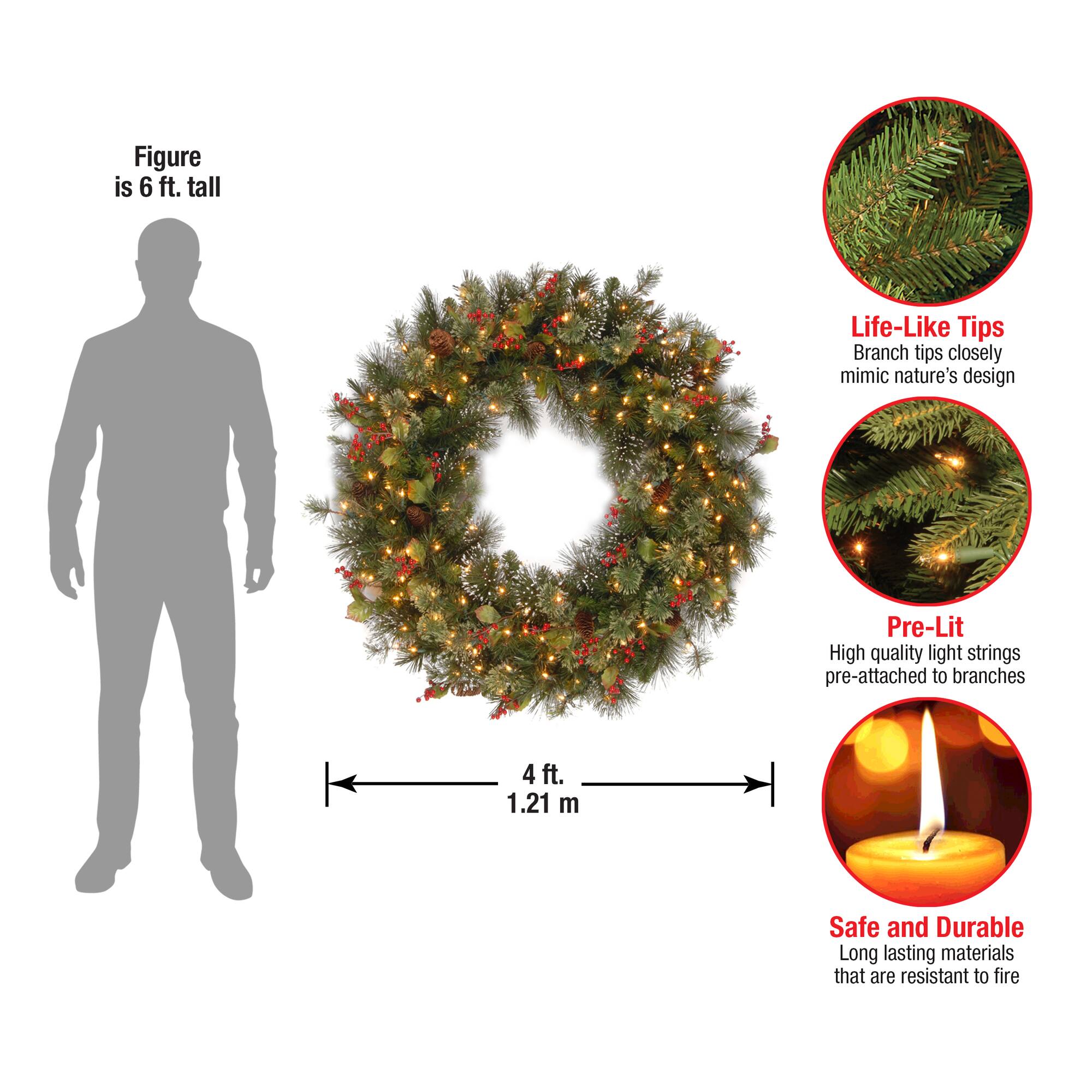 48" Pre-Lit Wintry Pine Wreath